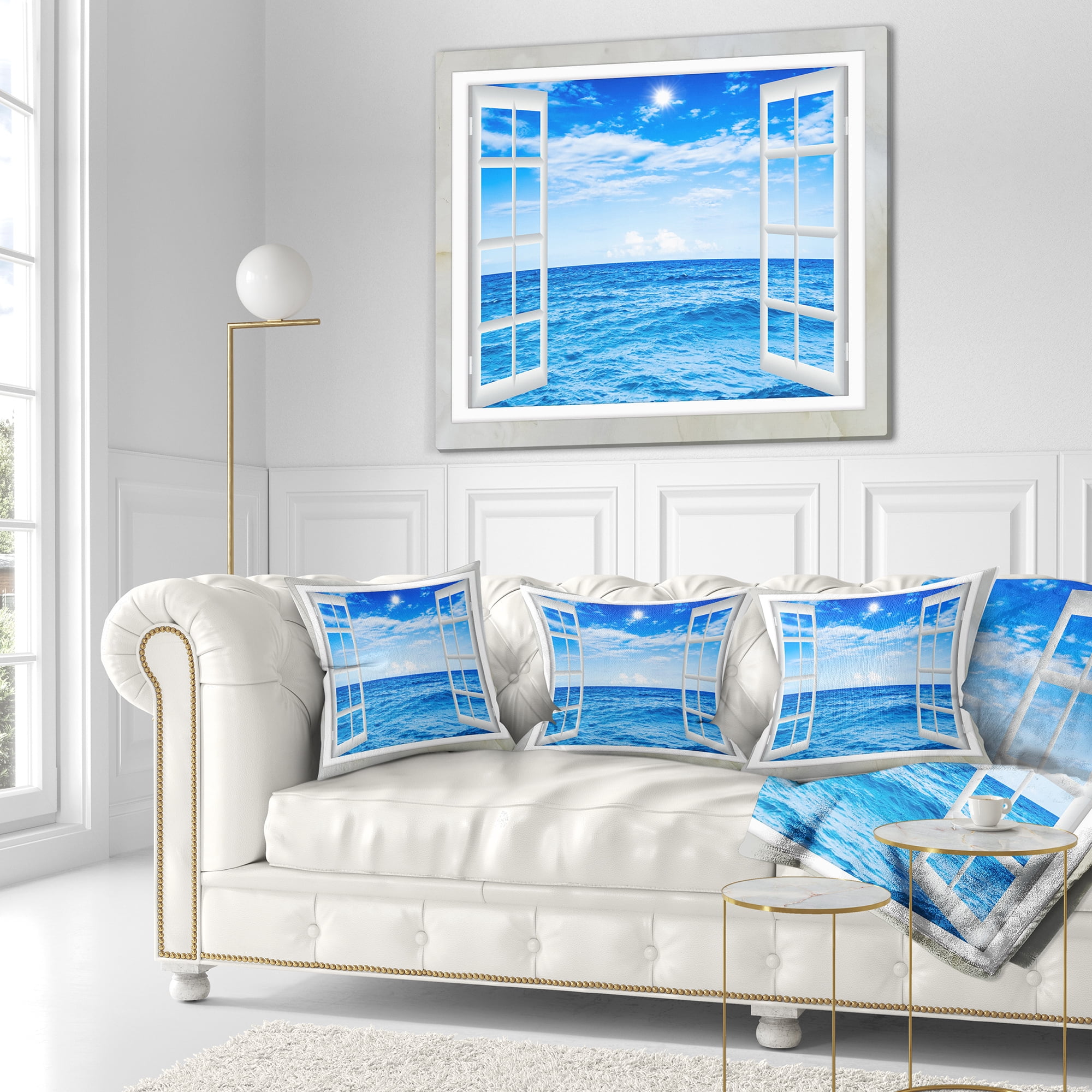 Designart Window Open to Blue Wavy Ocean - Seashore Throw Pillow - 16x16
