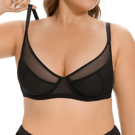 YANDW Minimizer Sheer Mesh Bras for Women Underwire Plunge Lifting Plus Size Bra  Black 36E