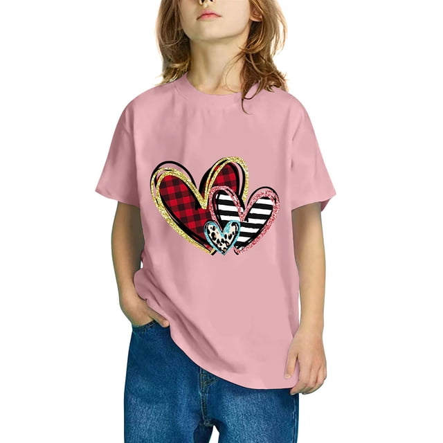 Geire T-Shirt à Manches Courtes Imprimé Cœur Col Rond pour Filles et Garçons de 3 à 14 Ans