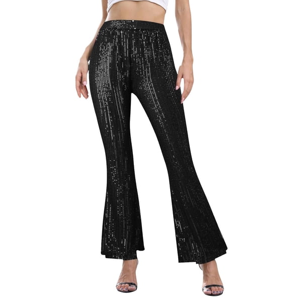 Pantalones de mujer de cintura alta y pierna ancha - Poliéster, diseño con lentejuelas, cintura alta con lazo, informales para todas las estaciones