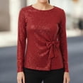 thumbnail image 4 of Sparkly Long Sleeve Shirt for Women Lace Up Bow Shimmer Casual Crewneck Disco Tee Clubwear Outfit for Prom handy, 4 of 5