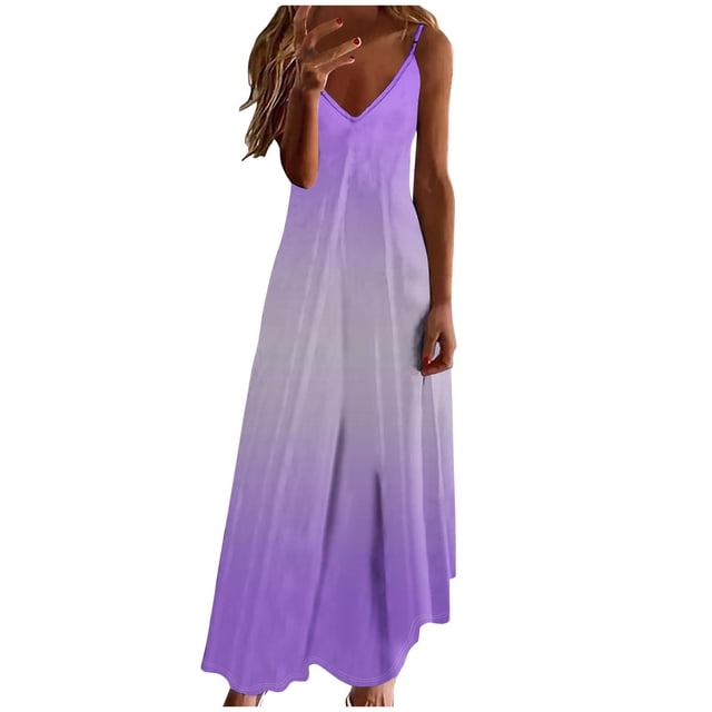 hotojiny Robes Maxi pour Femmes 2025 à Bretelles Spaghetti à Col en V Robe Fluide Tendance Sans Manches Dégradé Ligne A Robes d'Été