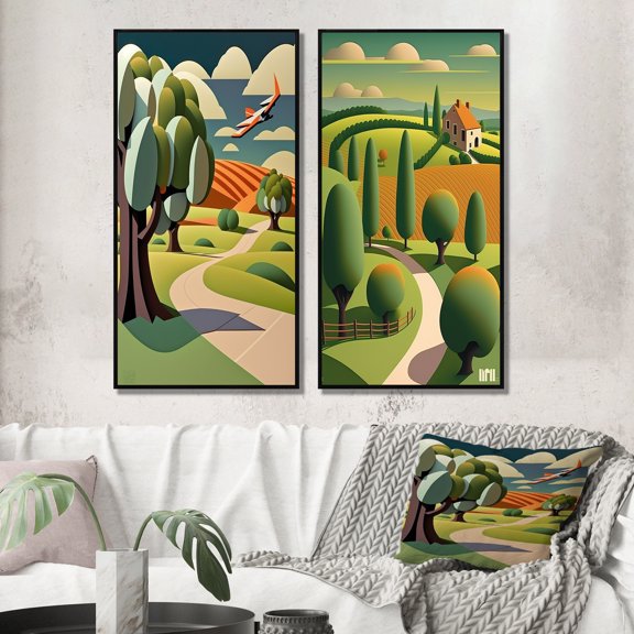 Designart "Rustic Mountains Abstract Landscape II" Abstract Landscape Framed Wall Art Set Of 2 - Modern Green Gallery Wall Frame Set For Home Decor
