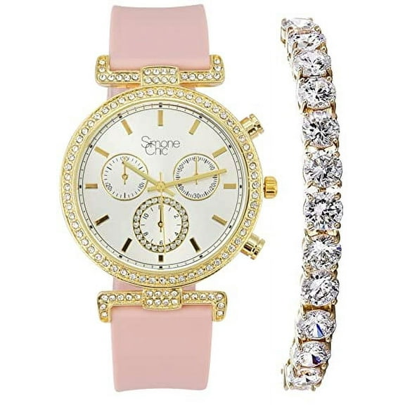 Stand Out Get Noticed! Big Face Ladies Bejeweled Rubber Iced Out Colorful Watch with Genuine Rhinestone Diamond Accents - Touch of Female Celebrity Glamour -ST10385T Blush Tennis
