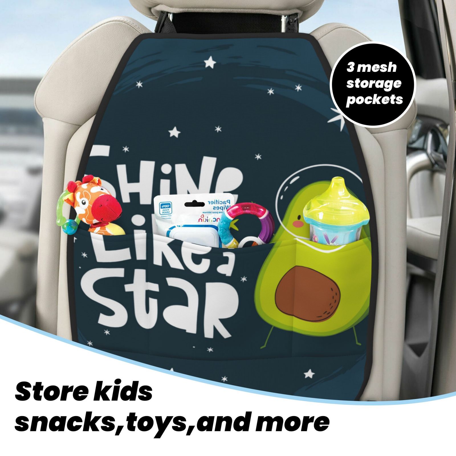 Xecao Avocado in Space1 Pattern Car Seat Back Protector 2 Pack Large Capacity Pocket, Kick Mats Back Seat Protector