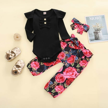 

Leutsin French Rib Cotton Long-sleeved Romper Trousers Floral Pants Headwear Baby Suit