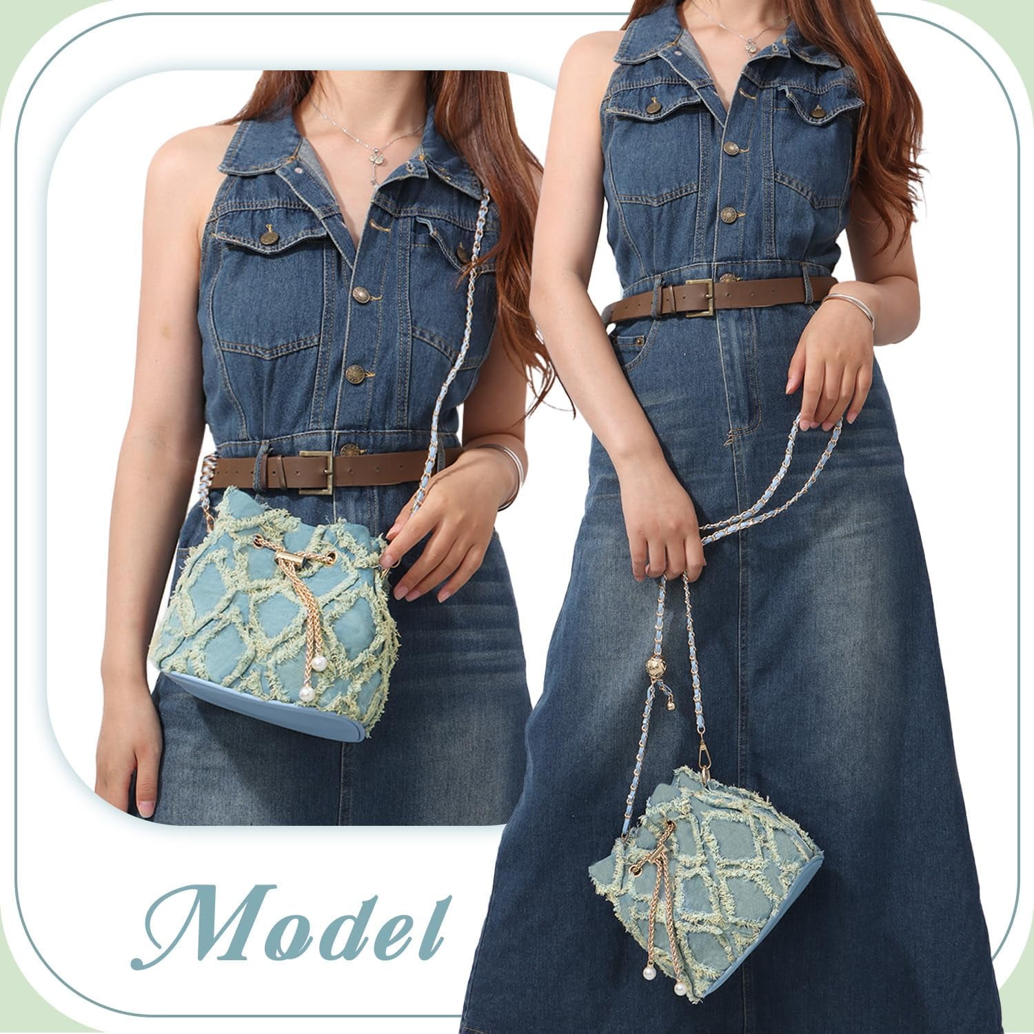 Denim Bucket Bag for Women Trendy Jean Purse Drawstring Crossbody Shoulder Bag Hobo Bag