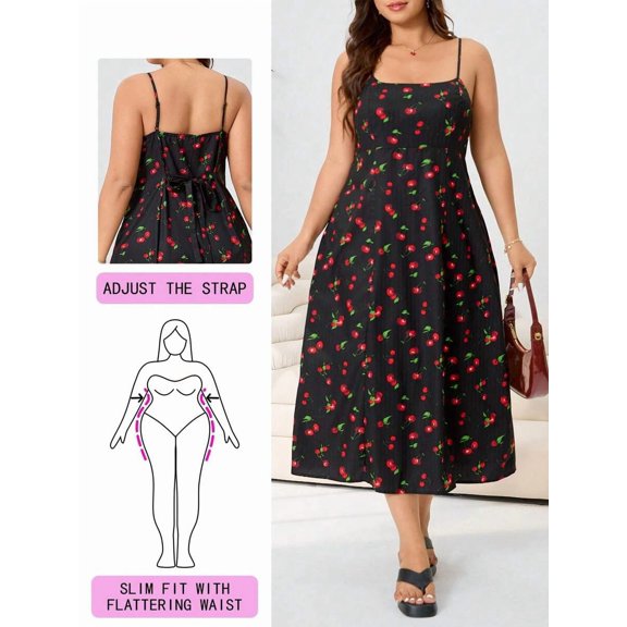 Multicolor Cherry Print Plus Size Adjustable Strap Dress, Slim Fit With Flattering Waist, A-Line Sundress For Spring Summer
