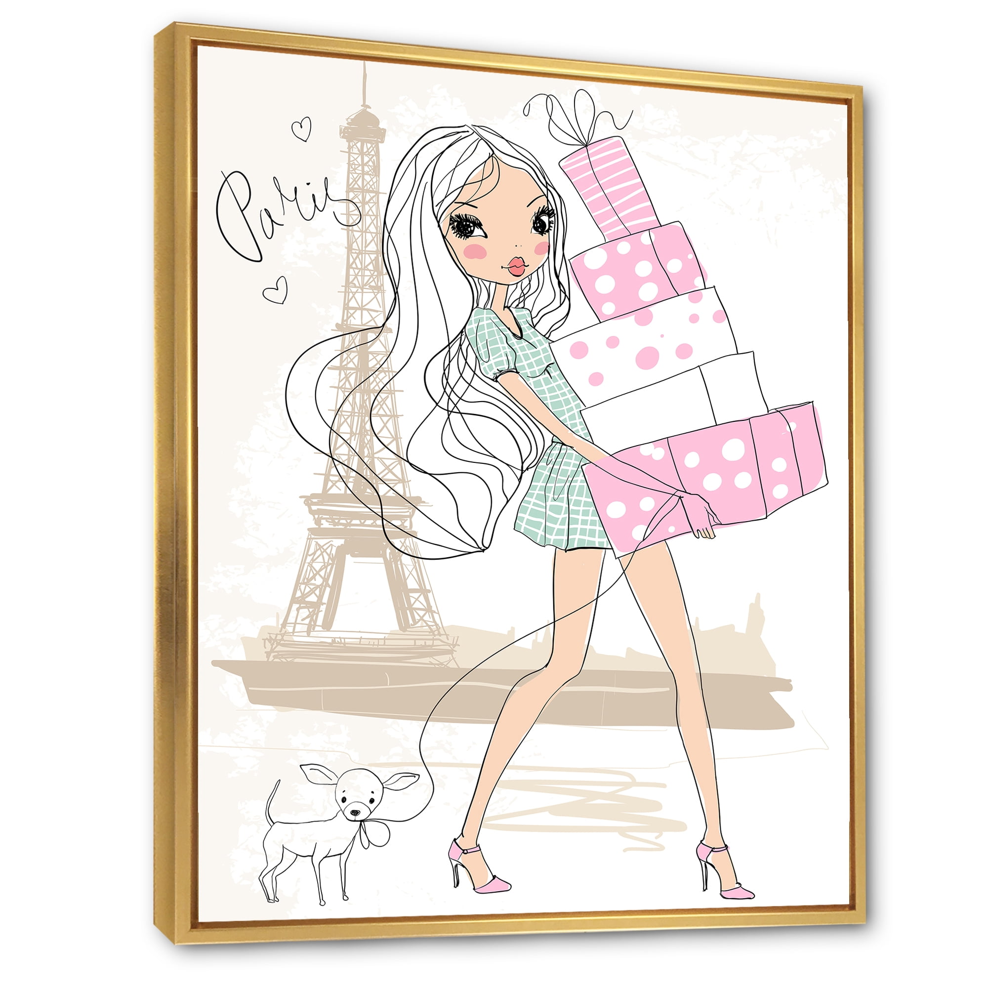 Designart 'Young Woman With Shopping Boxes In Paris' Shabby Chic Framed Canvas Wall Art Print