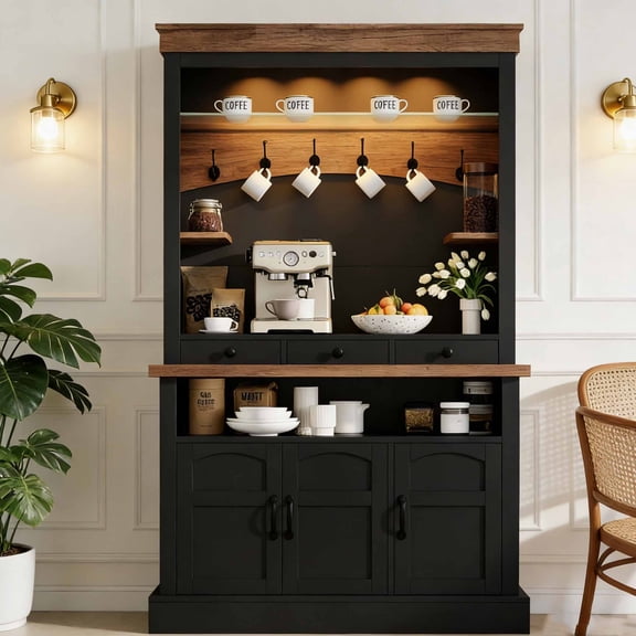 Coffee Bar Cabinet, 72 in Coffee Bar Hutch, Farmhouse Sideboard Buffet Cabinet with Adjustable Storage Shelf, LED Light/6 Hooks/3 Drawers