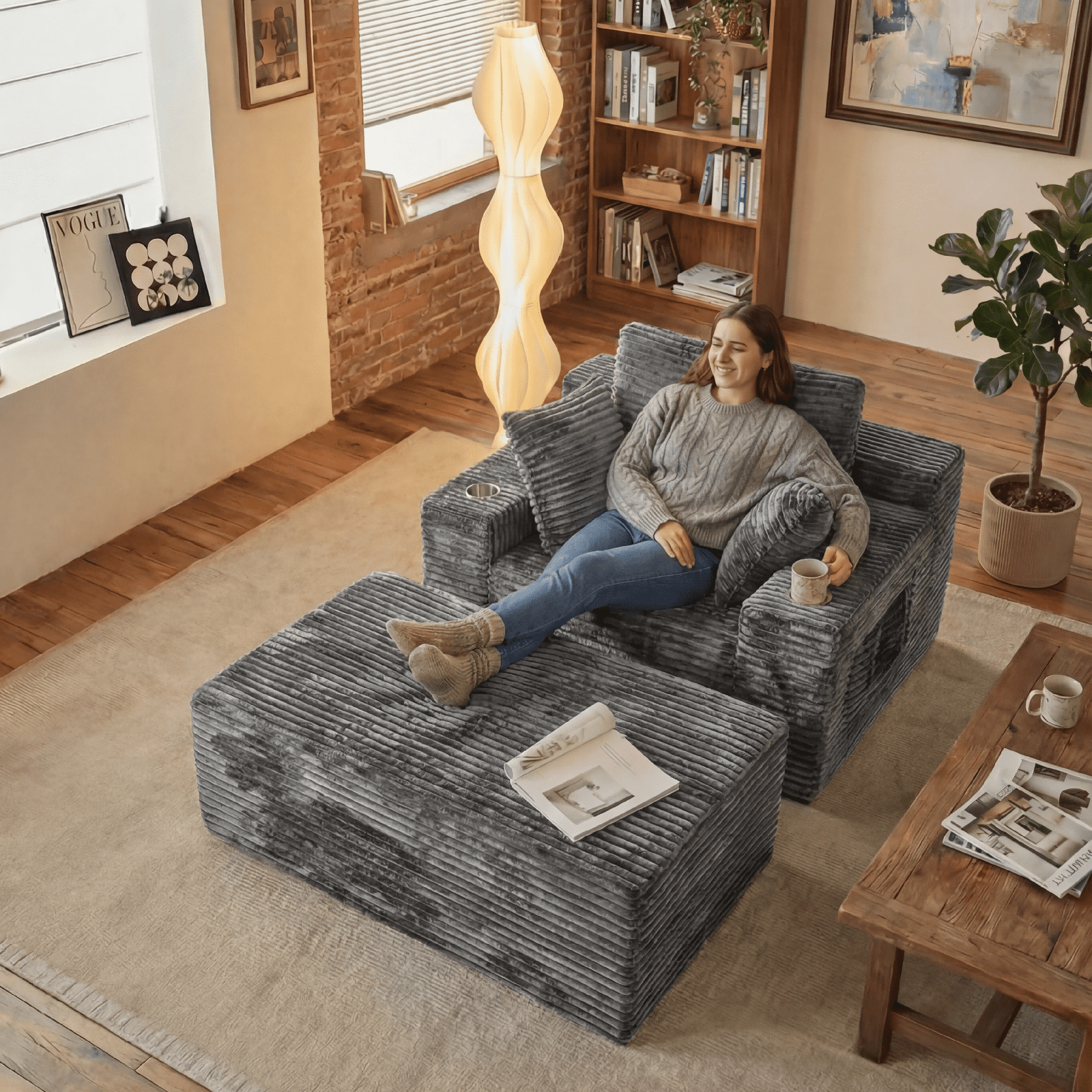 Liaroo 67" Chaise Lounge Chair Indoor, Oversized Boneless Sofa Bed, Deep Seat Sleeper Couch Reading Chairs, Cloud Sofas Couches with Cup Holder & Side Pocket for Living Room, No Assembly Required