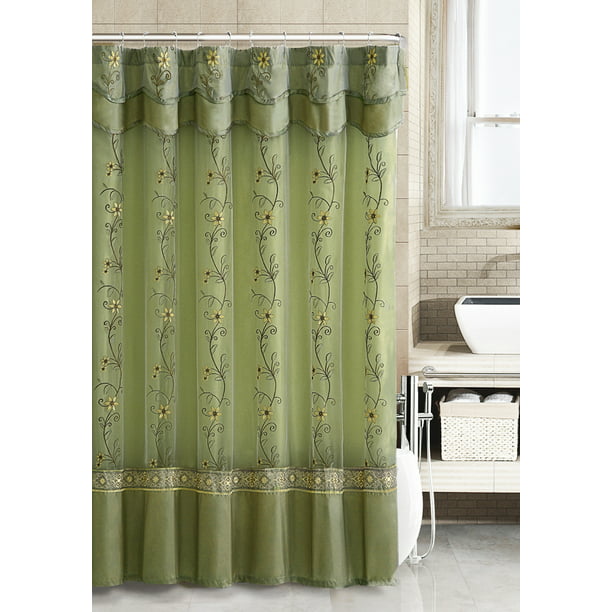 Sage Green Two Layered Embroidered, Shower Curtains With Valance Attached