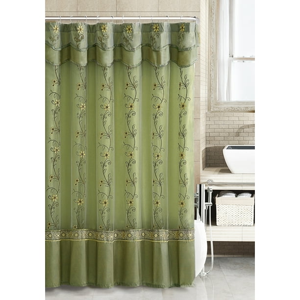 Sage Green Two Layered Embroidered Fabric Shower Curtain With Attached Valance Com Sage Green Two Layered Embroidered, Shower Curtains With Valance Attached