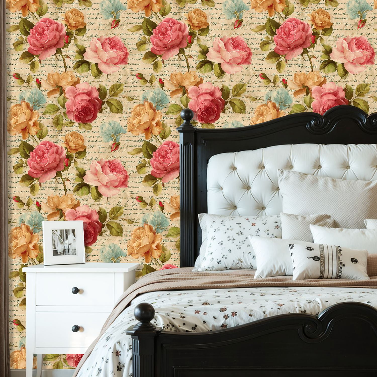 Boho Peel and Stick Wallpaper Vintage Floral Rose Handwritten Script Wall Mural 23.6in x 9.8ft Self Adhesive Removable Wall Paper Renter Friendly Wallpaper for Bedroom Kitchen Farm