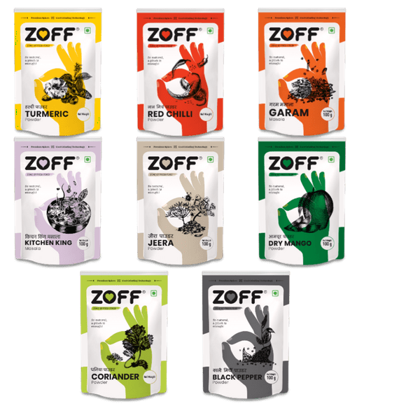 Zoff Basic Indian Spice Combo Kit | Garam masala, Turmeric powder, Red chili powder, Coriander powder, Black pepper powder, Kitchen King Masala, Dry Mango Powder, Cumin Powder