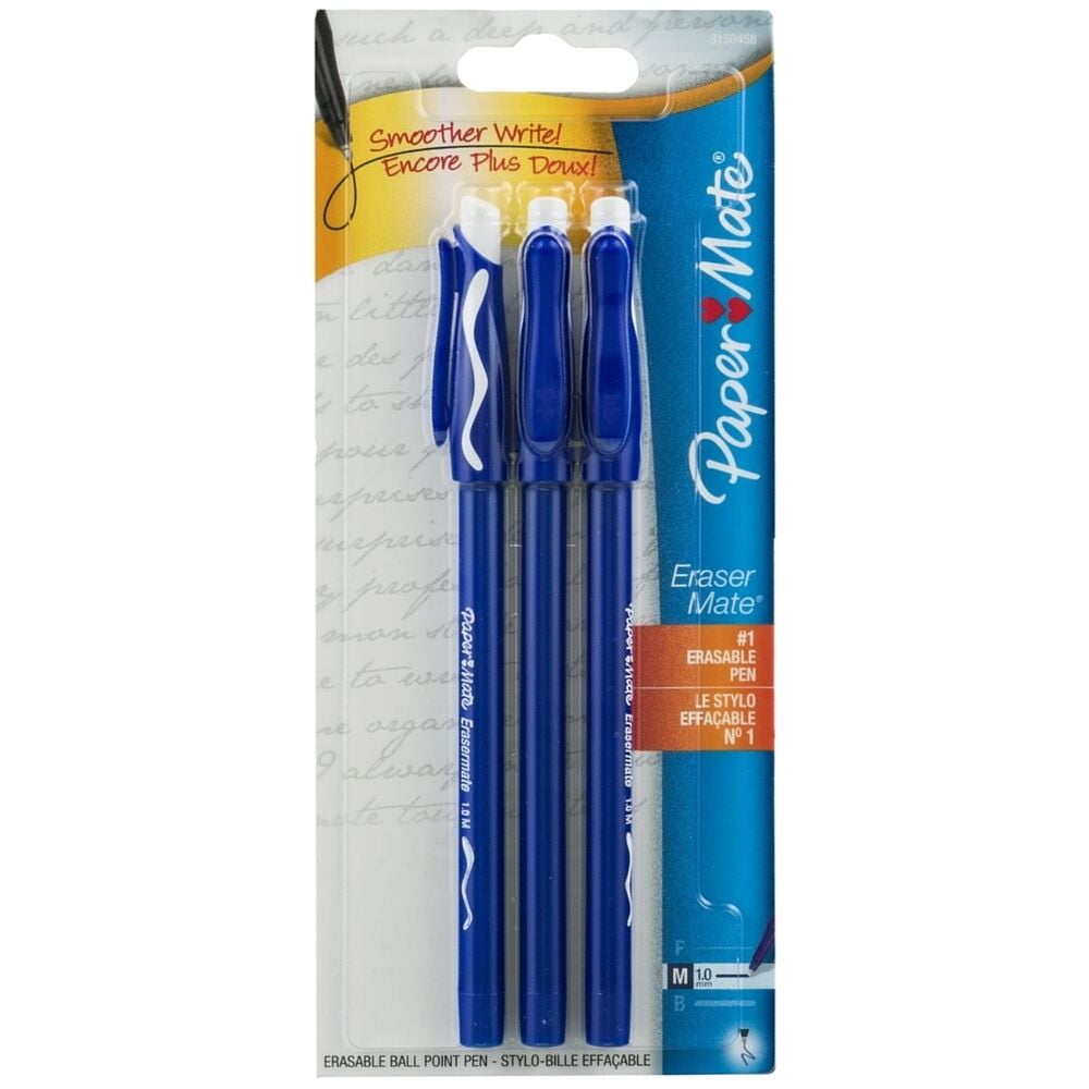 Paper Mate Eraser Mate Erasable Ball Point Pens, Blue 3 ea (Pack of 8