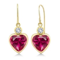 Gem Stone King 14K Yellow Gold Red Created Ruby and White Created Sapphire Earrings for Women (3.66 Cttw, Gemstone July Birthstone, Heart Shape 8MM and, Round 3MM)