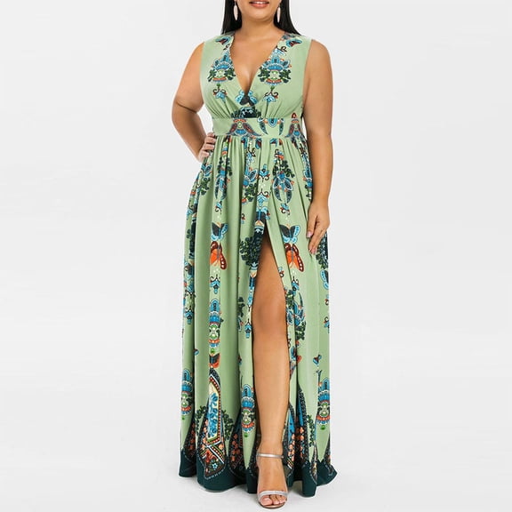 SDJMa Women's Summer Floral Print Dress Plus Size Fashion Women Butterfly Printed V-Neck Sleeveless Casual Long Dress