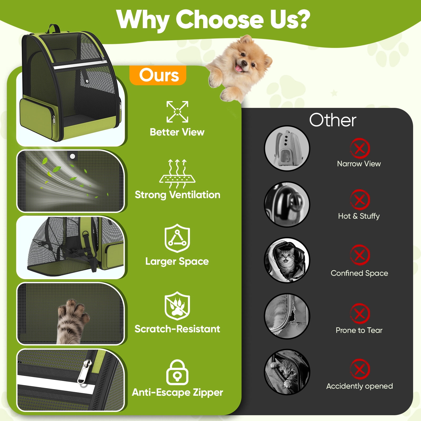 Cat Carrier Backpack Expandable Breathable Pet Carrier for Large Cat Puppy Outdoor Travel Pet Backpack with Vantilated Mesh, Green