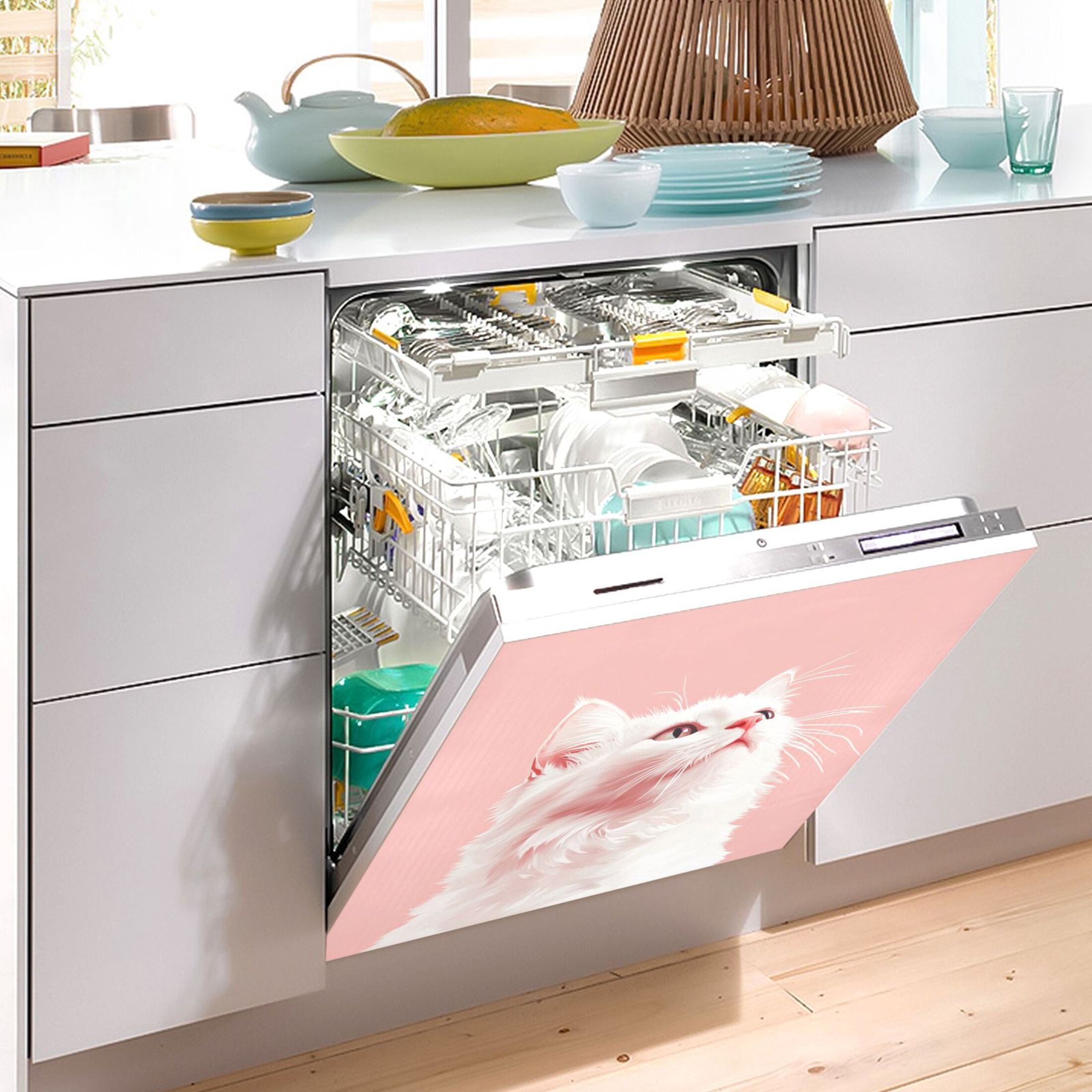 Dishwasher Magnetic Sticker 23x26 Inch Refrigerator Magnetic Sticker Washing Machine Magnetic Sticker Kitchen Panel Magnetic Sticker Home Decor Cute White Cat
