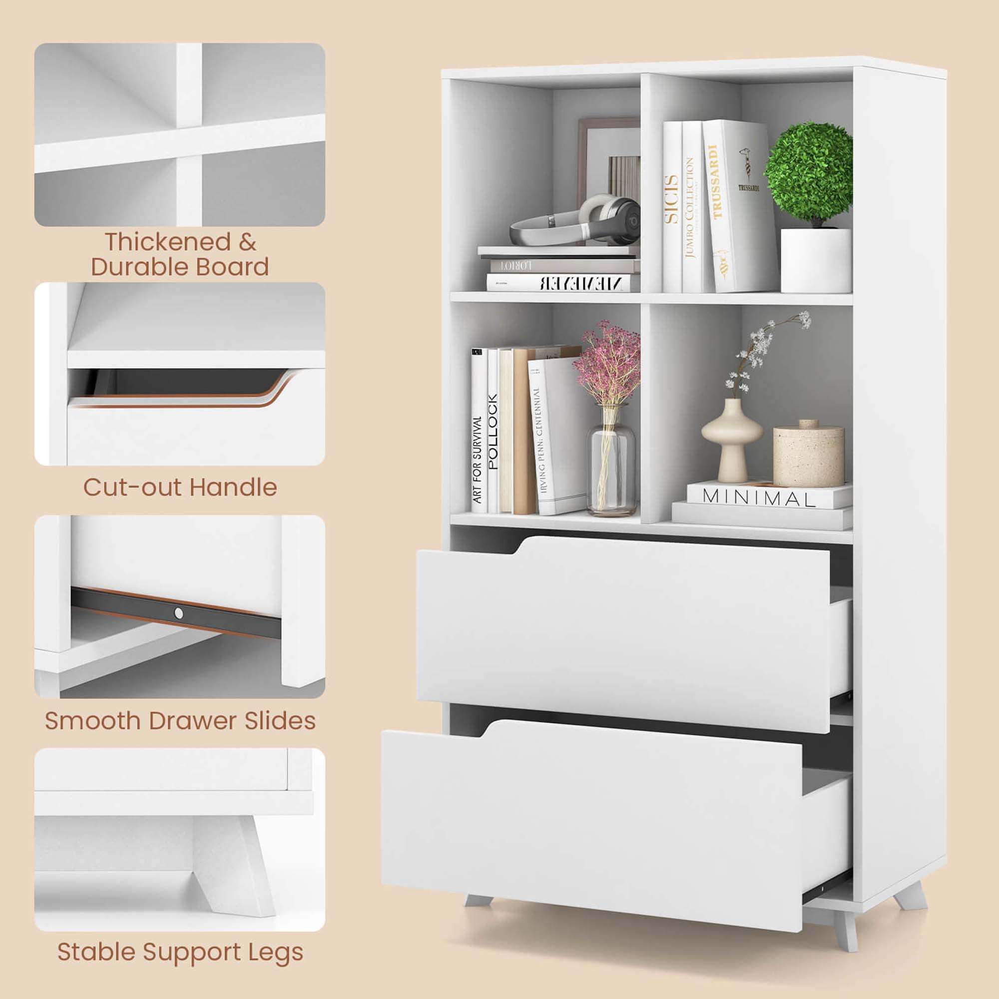 Costway Bookcase with 2 Drawers 4-Tier Open Bookshelf with 4 Storage Cubes for Home Office