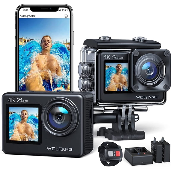 WOLFANG 4K Action Camera, 24MP Dual Screen, 40M Waterproof with Case, EIS Stabilization, WiFi App Control, 170° Wide Angle, Remote, 2 Batteries