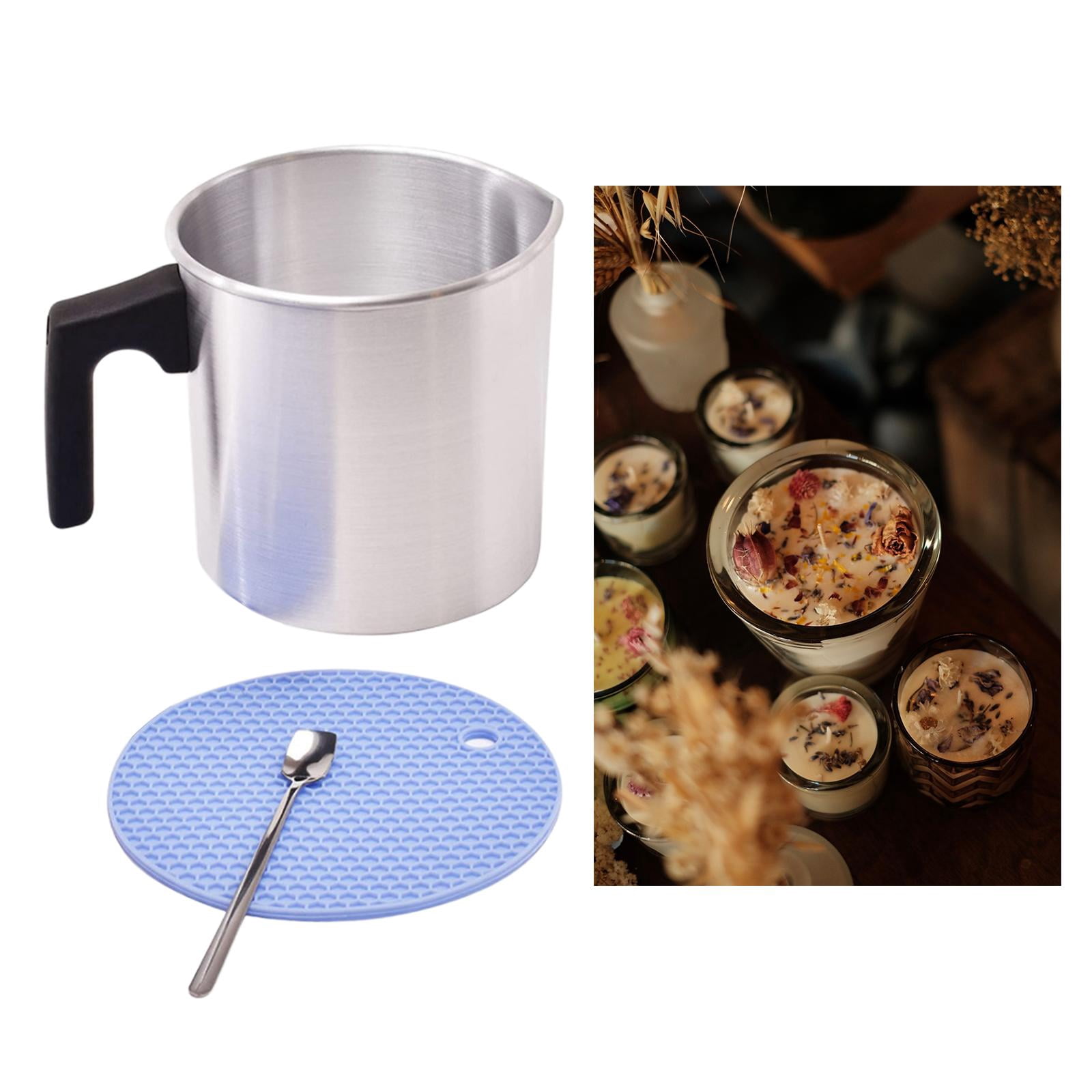 GUOOL Candle Making Pouring Pot, Double Boilers Dripless Pouring Spout Heat-Resistant Handle Wax Melter Pot,Candle Making Supplies with Long Spoon, Cup Mat