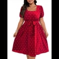 thumbnail image 1 of Vestido Elegante de Talla Grande con Lunares Retro, Cuello Cuadrado y Lazo en la Cintura para Mujer Rojo XL, 1 of 9