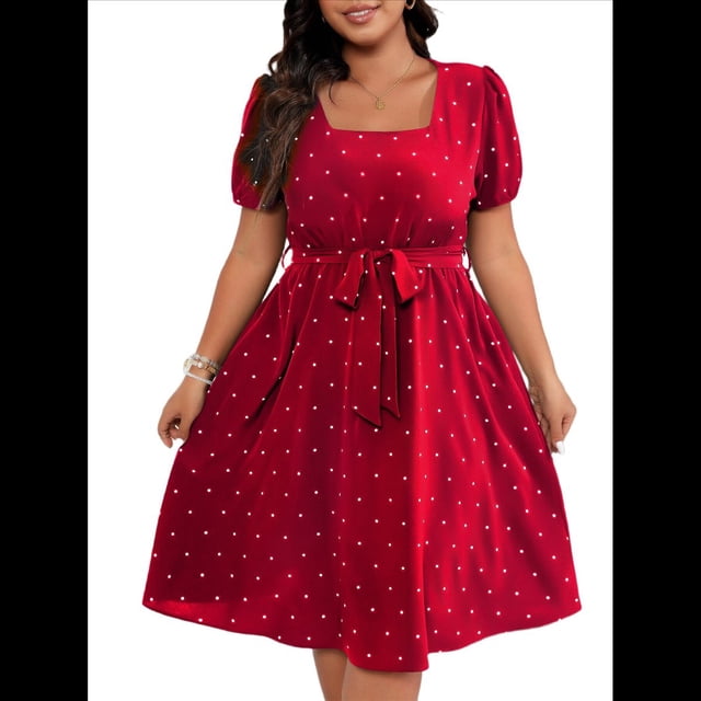 Vestido Elegante de Talla Grande con Lunares Retro, Cuello Cuadrado y Lazo en la Cintura para Mujer Rojo XL