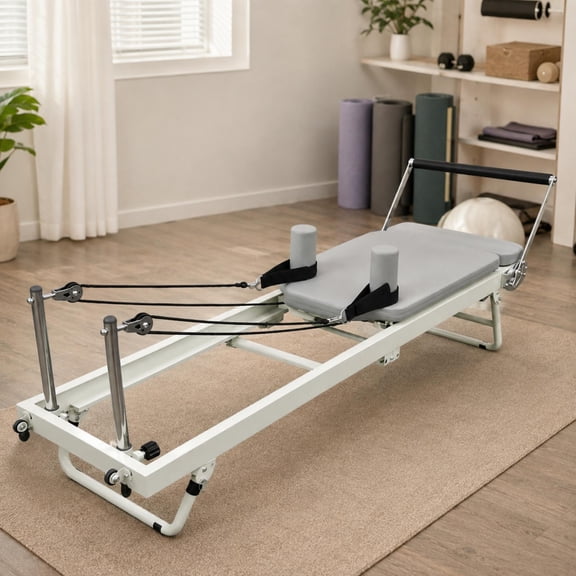 75 x 22 x 30 in Foldable Pilates Machine, 500 lbs Capacity Pilates Reformer Machine with Steel Sliding Rails, Breathable Leather and Foam for Studio