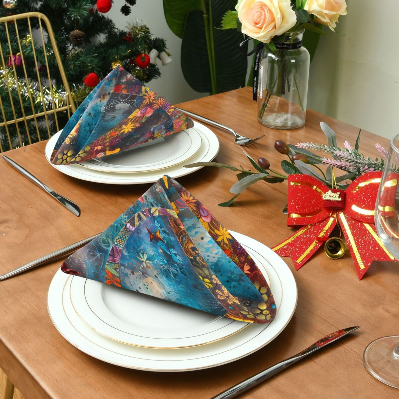 JSTEL Colorful Peace Sign Flower Cloth Napkins Set of 6, 20x20 Inch Washable and Reusable Napkin for Decoupage Dinner Party Everyday Use
