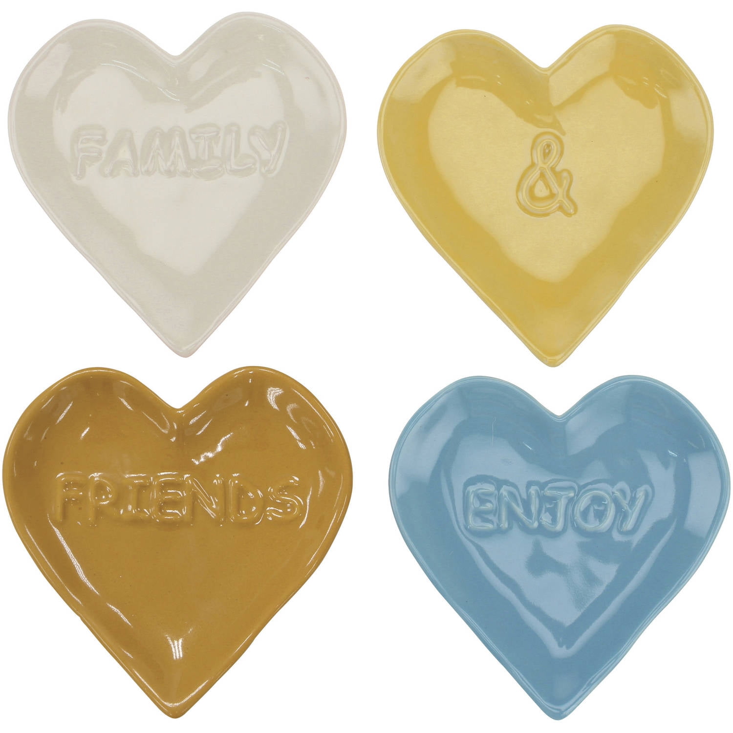 Set of 4 Heart Shaped Ceramic Plates with Embossed Sentiment