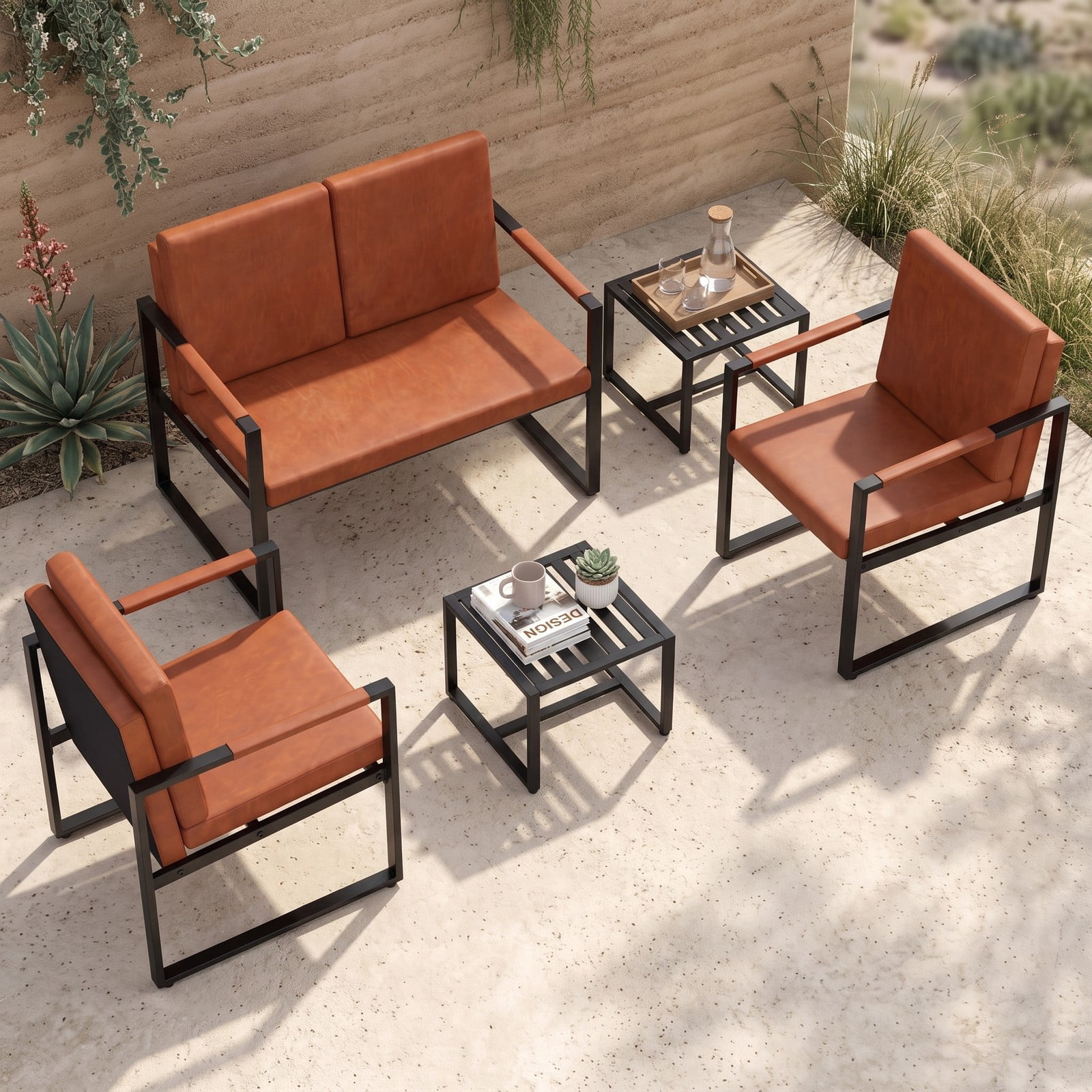 Furnibear Set of 2 Mid Century Modern Accent Chairs, PU Leather Single Sofa Armchair with Back Cushion, Metal Frame Living Room Reading Lounge Side Chair, 265, Brown