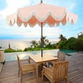 thumbnail image 3 of JONATHAN Y Collins 9 ft. Market Patio Umbrella, Classic Cottage Fringe Tassel, with Auto-Tilt Crank, Wind Vent and UV Protection, Coral Pink/Cream, Dark Brown Pole, 3 of 10