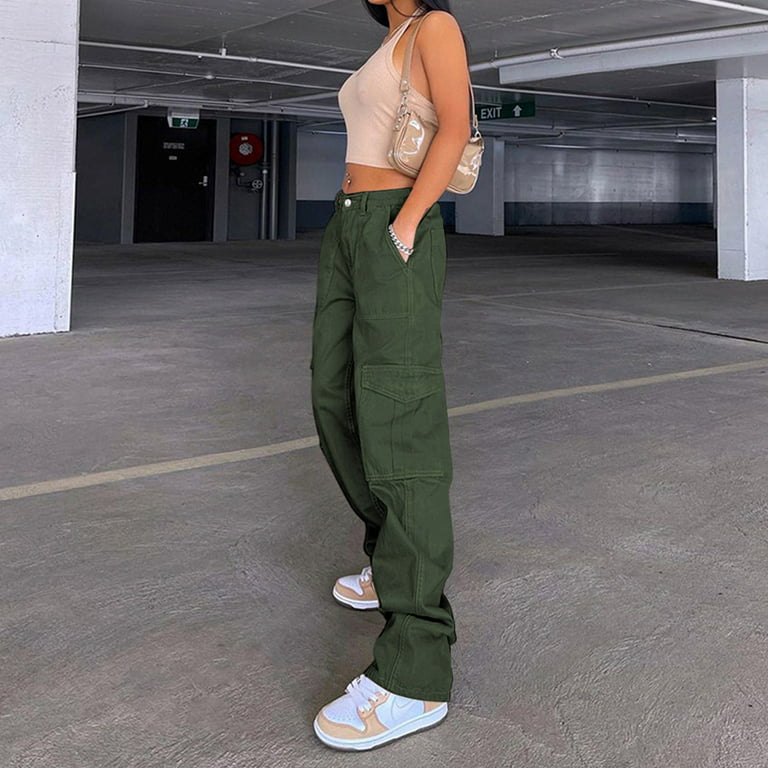 HIMIWAY Cargo Pants Women Palazzo Pants for Women Women's Fashion Casual  Solid Color Washed Denim Multi-Pocket Overalls Pants Army Green C M 