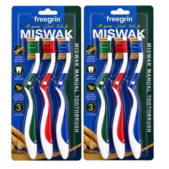 FREEGRIN 6 Count Miswak Ultra Soft Toothbrush, Natural Miswak Extract and Castor Oil Bristles, Gentle for Gums, Travel and Household Use