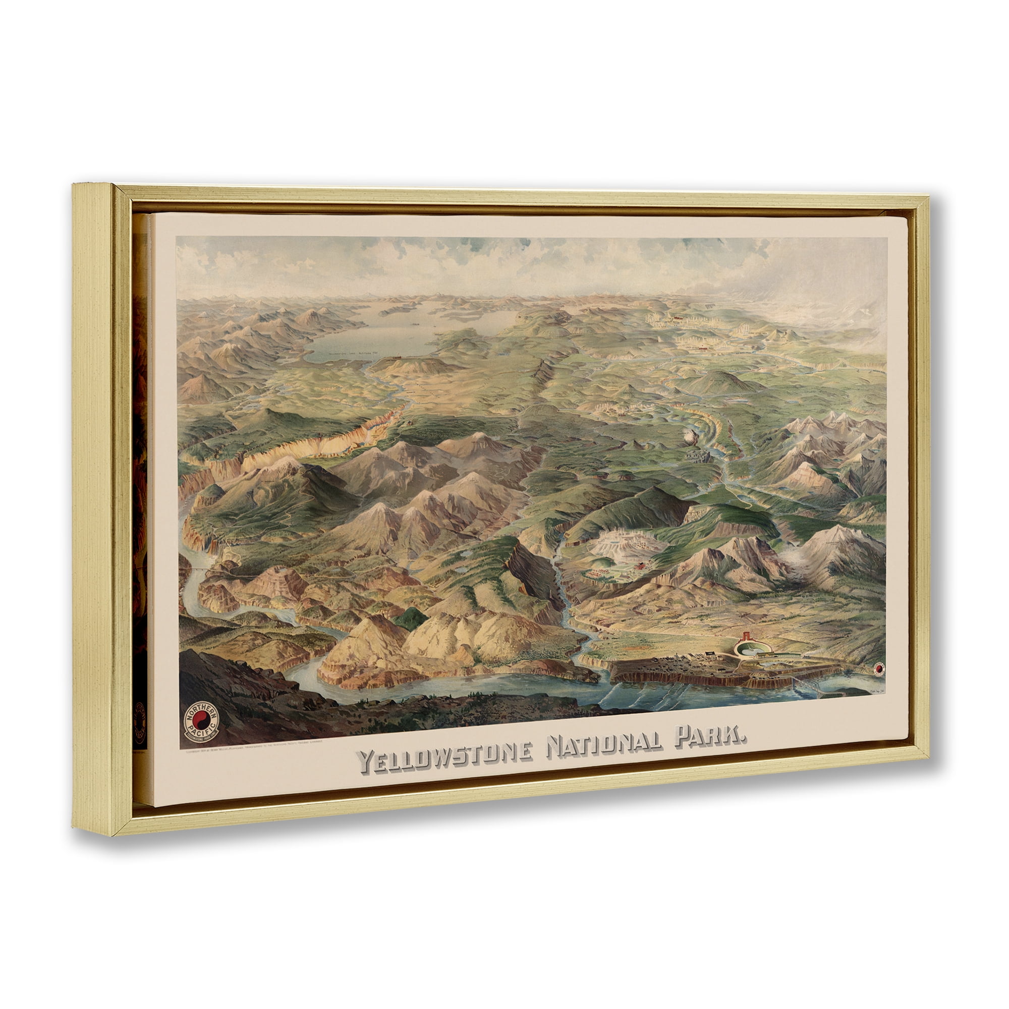 Stupell Industries Vintage Yellowstone Park Landscape Painting Gold Floater Framed Art Print Wall Art, 25 x 17