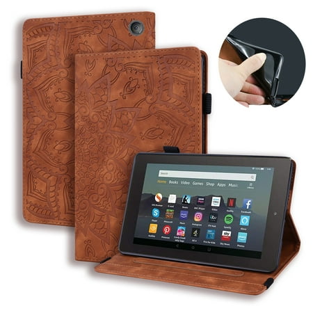 Dteck Case for Kindle Fire 7 Tablet (12th Generation, 2022 Release), Embossed Premium Protective Light Weight Folio Stand With Pen Holder Cover for All-New Amazon Fire 7 inch Tablet,Brown
