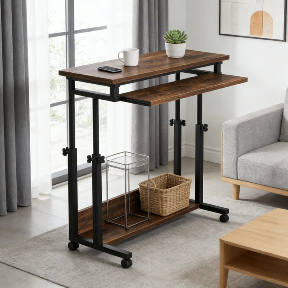 Computer Desk 43In Height Adjustable Rolling Standing Mobile Laptop Cart Small Spaces Students Dorms Home Office Ergonomic Lockable Wheels Hideaway Keyboard Tray Sturdy Tough Quality Workstation Unit