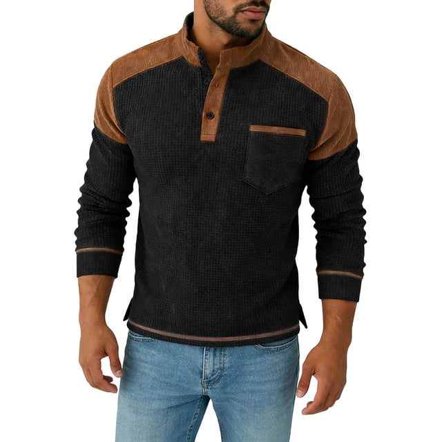 Men's Solid Color Long-Sleeved Stand-Up Collar Button-Up with Fake Pocket Patchwork Jacket, Classic Soft Fabric with Zipper Pocket for Outdoor Work Sports