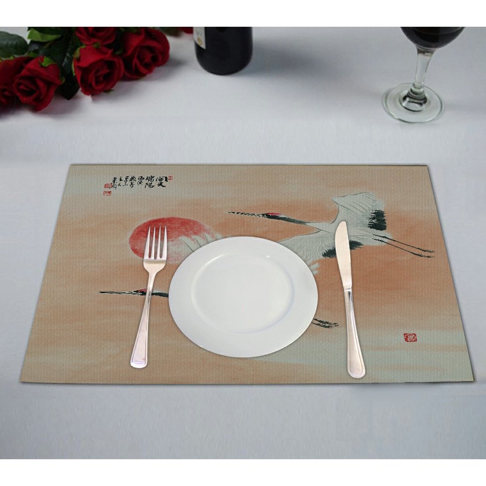 GCKG Japan Japanese Placemat, Asian Traditional Painting with Cranes Moon Placemat 12x18 Inch