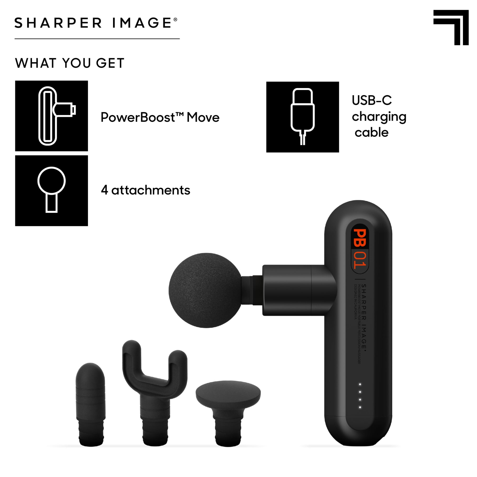 Sharper Image® Powerboost Move® Deep Tissue Portable Percussion Massager, Massage Gun w/ 4 Attachments, Whisper Quiet Operation, Variable Strength Full Body Recovery, Rechargeable