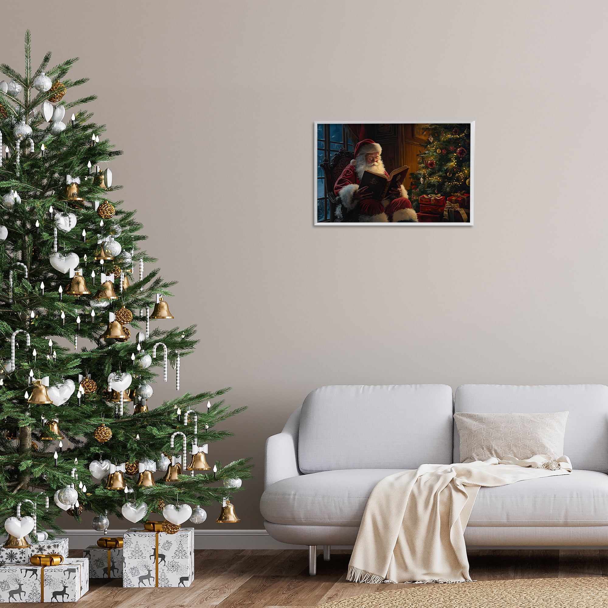 Stupell Industries Santa Reading by Tree Holiday Painting White Framed Art Prints Wall Art, 24 x 16