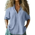 thumbnail image 3 of Blue Womens Tops Women Baggy Cotton Linen Tops Stylish Print Blouse for Women Plus Size Long Sleeve V Neck T Shirts for Women, 3 of 3