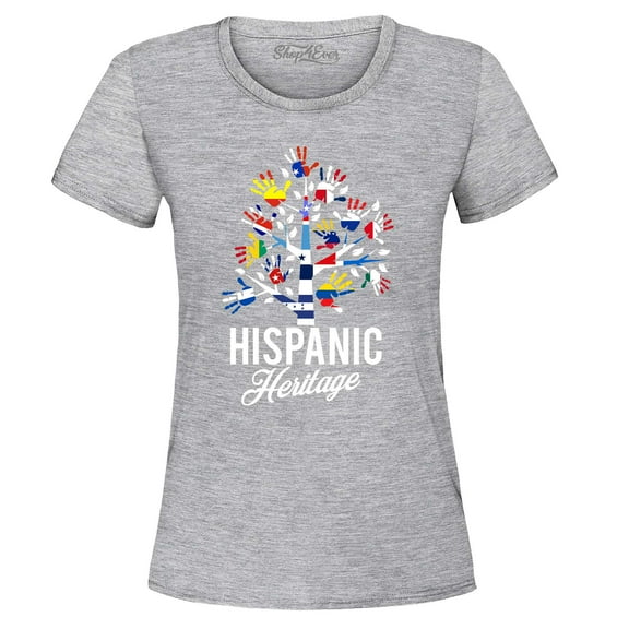 Shop4Ever Women's Hispanic Heritage Month Flag Handprint Tree Graphic T-Shirt X-Large Sports Grey