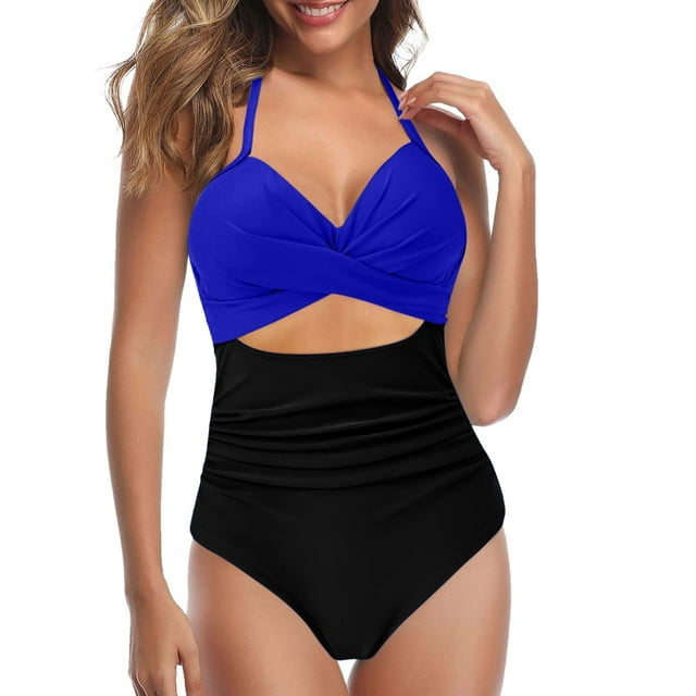 Aayomet Swimsuits for Women Twist Front Tummy Control Bathing Suits,Dark Blue S