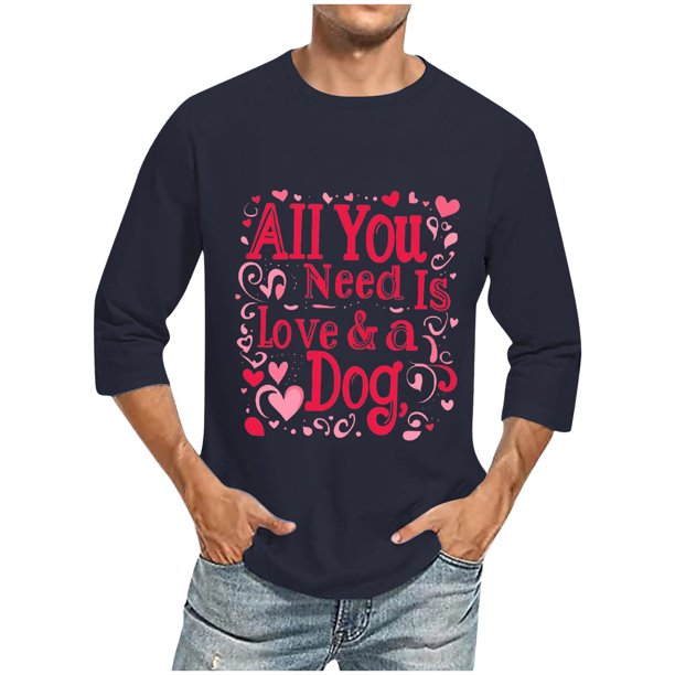 Camisas de Manga Larga para los Hombres Día de San Valentín Impresión Cuello Redondo Moda Casual, Mezcla de Poliéster de Lino de Algodón para Primavera Verano