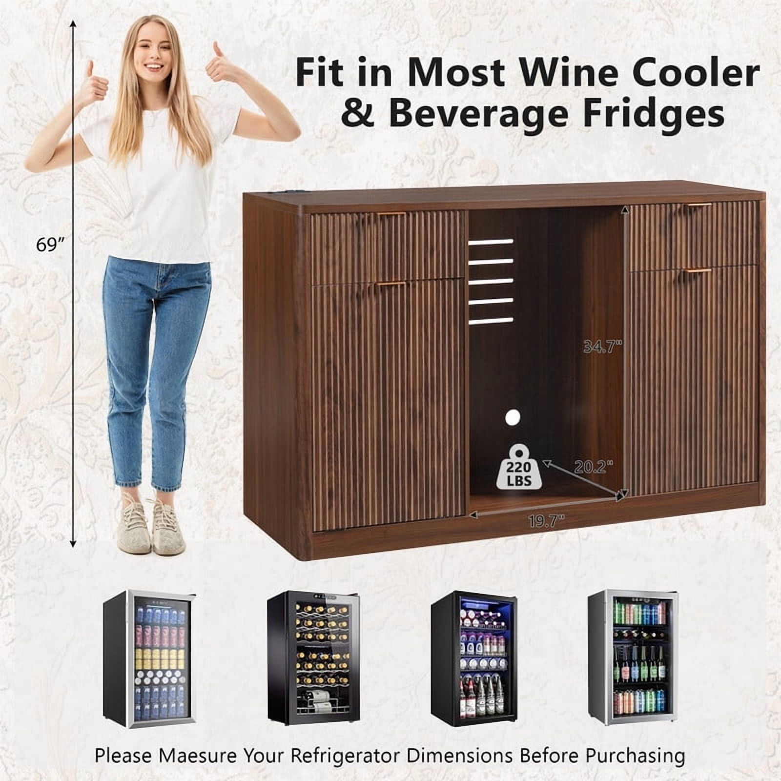 59"W Coffee Bar Storage Cabinet with Small Fridge Space, Kitchen Sideboard Buffet with Tilt-Out Trash Cabinet & Charging Station