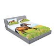 thumbnail image 2 of Ambesonne Animal Fitted Sheet & Pillow Sham Set, Horse Rural Flowers, Full, Green Brown Pale Blue, 2 of 2
