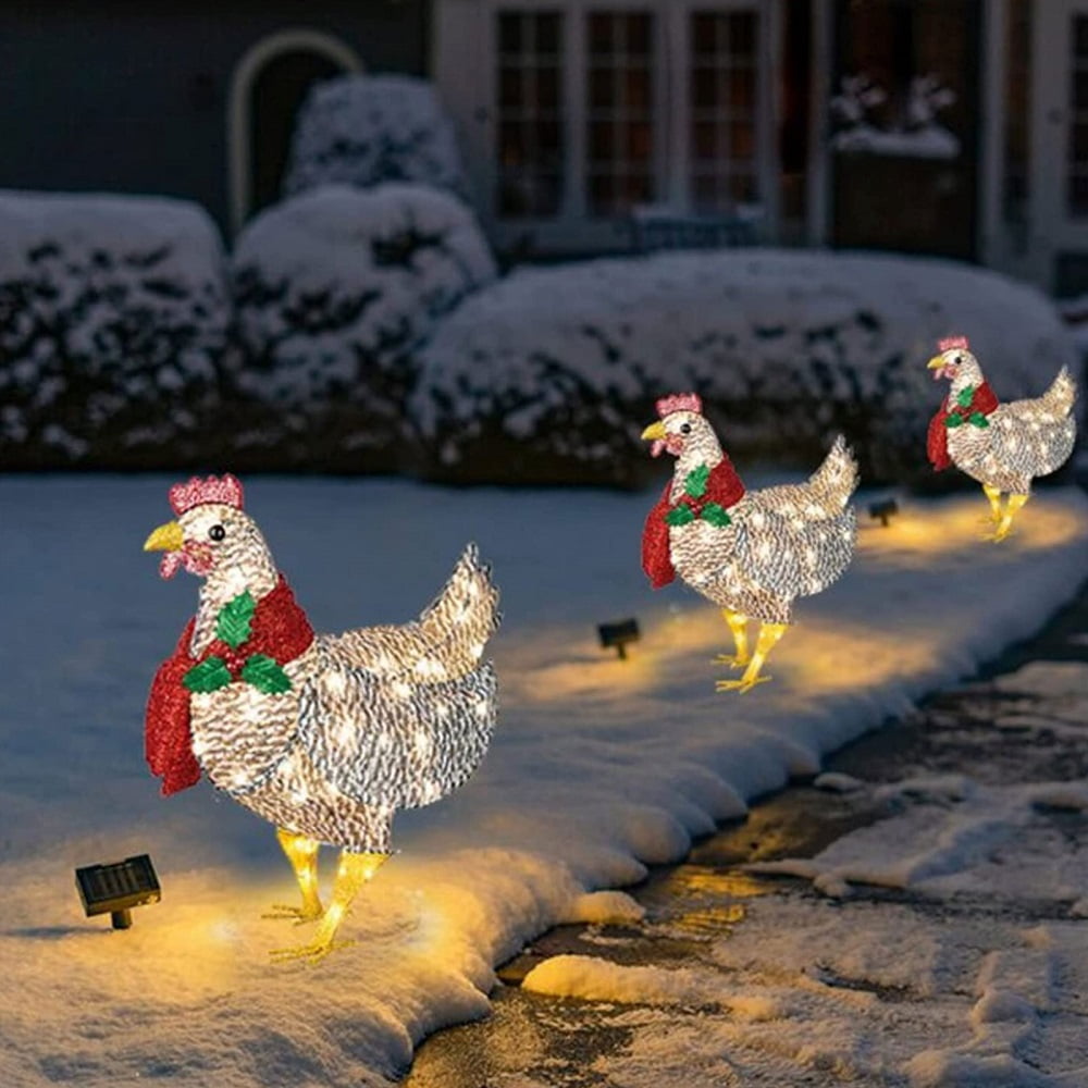 Big Metal Holiday Thanksgiving Christmas Chicken Lights Ornaments Decoration with 50 Mini Lights Rooster Animal Garden Stakes for Ground Lawn Outdoor Decor Light-Up Chicken with Scarf Holiday Decoration 